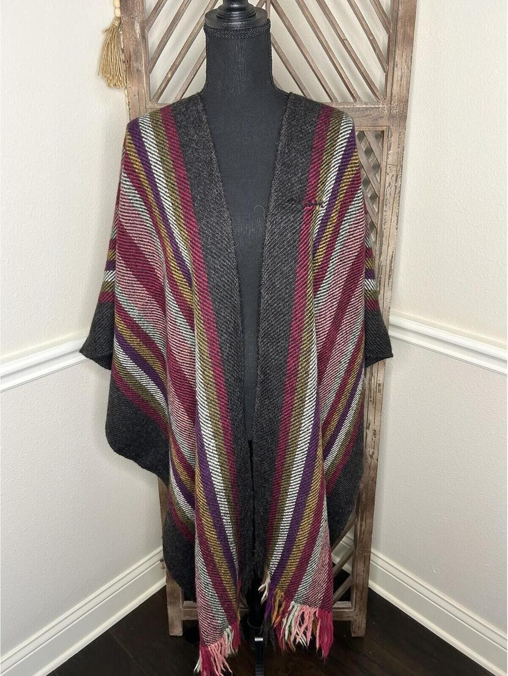 Peruvian Connection Poncho Shawl Alpaca Striped Gray (I2)